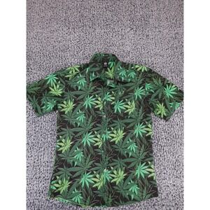 BTL Mens Marijuana Leaf Print Button Down Shirt Green Black Short Sleeve Large